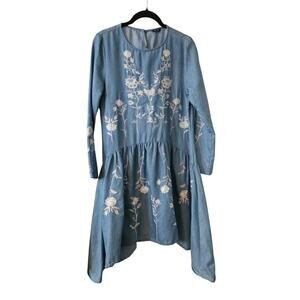 Floraday Womens S Chambrey Dress Embroidered Floral Asymmetrical Hem Shift Dress